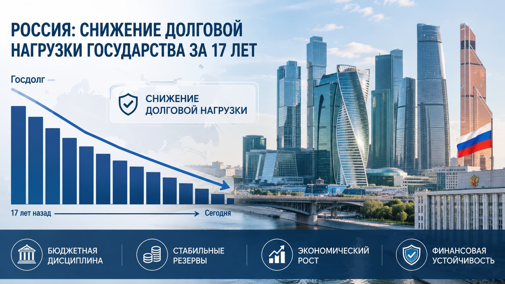 Инфографика о снижении долговой нагрузки России на фоне делового центра Москвы